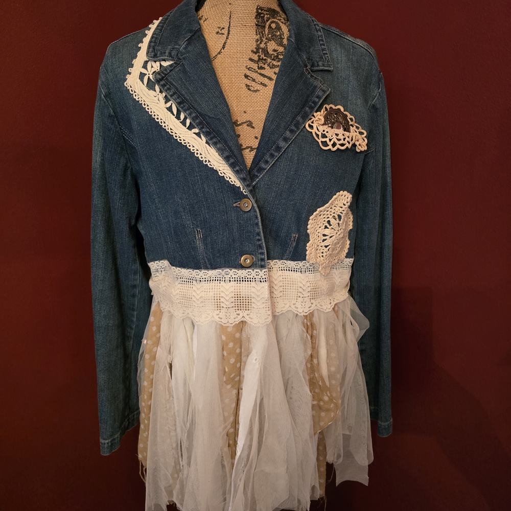 Upcycled Cato Blue Denim Jacket with Lace and Tulle